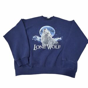 Vintage Jerzees Lone Wolf Moon Graphic Sweatshirt Size L Navy